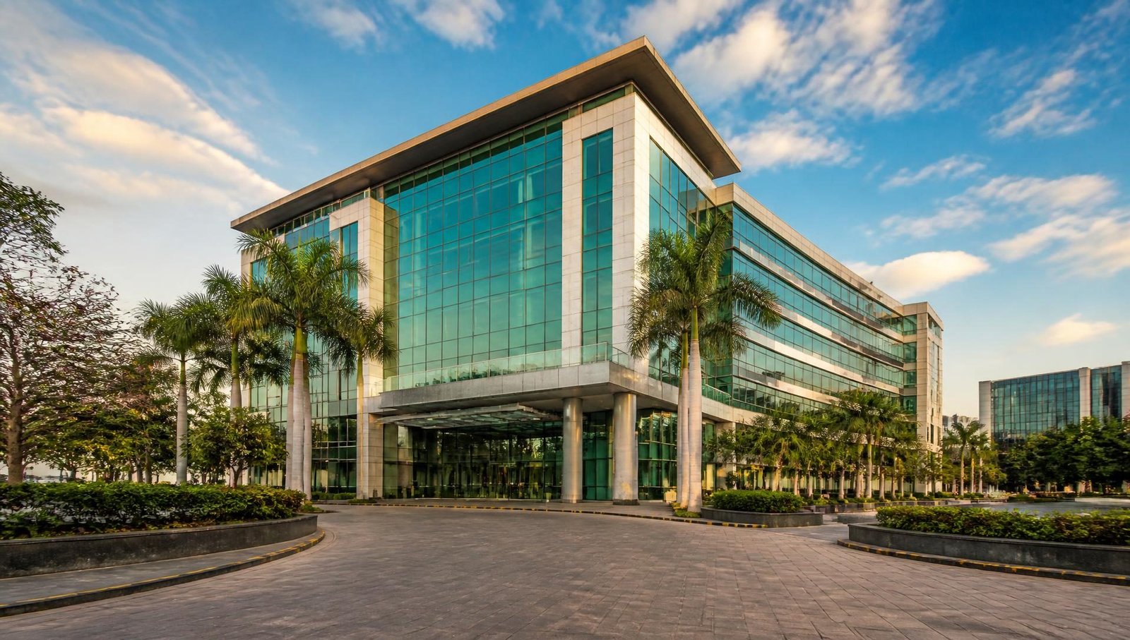 Modern technology park building housing Auromax Technologies in Hyderabad
